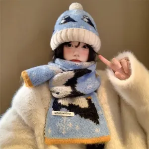 Set Cappello e Sciarpa in Maglia Calda Invernale Motivo Carino di Pinguino Acrilico Termico Ispessito per Donne