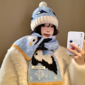 Set berretto e sciarpa in maglia pinguino blu per donna, cappello di lana invernale caldo e spesso.