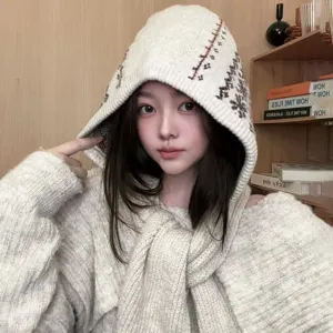 Cagoule tricotée écharpe capuche hiver épais chaud bonnet femme élégant couvre-chef doux