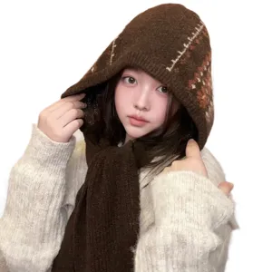 Cagoule tricotée marron pour femme, écharpe bonnet chaud d'hiver épaisse cagoule pullover.
