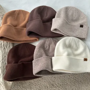 Winter Warme Wolle Strickmütze Unisex Einfarbig Lässig Weich Nahtlos Doppellagig Beanie Mode Tägliche Mütze