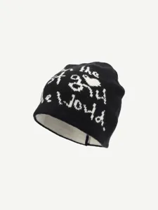 Black knit beanie with white woven letters, stylish streetwear winter cold hat for men and women.