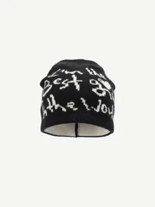 Black knitted beanie for autumn and winter, street style warm winter hat with white letters.