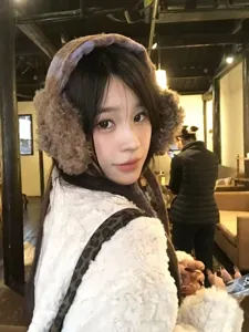 Fluffy winter ear muffs for women, cute Korean retro plush warm ear covers with long ties.