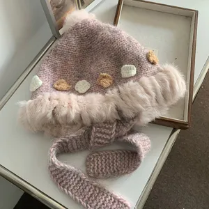 Handmade wool knitted fluffy ear-flap hat with 3d crochet flowers, cozy winter warm beanie.