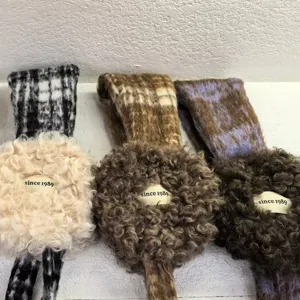 Fluffy plaid earmuffs detail shot, cozy winter ear warmers with soft plush straps, retro style.