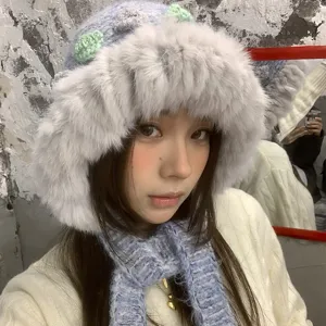 Winter Warm Wool Blend Plush Trapper Hat Hand Crocheted 3D Floral Ear Flap Bomber Hat Windproof Cute Cap For Women