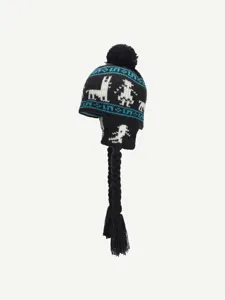 Fair Isle knitted winter hat with earflaps and pom pom, cozy fleece beanie for women.