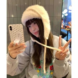 Women Winter Thickened Warm Plush Bomber Hat Cute Earflap Knit Beanie Casual Cold-Proof Windproof Fluffy Hat