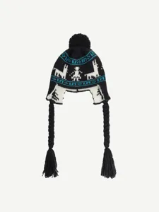 Cozy Fair Isle jacquard knit winter hat featuring warm braided earflaps and fluffy pom pom.