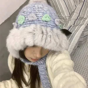 Cozy wool-blend knit trapper hat with 3D crochet flowers and fluffy plush earflaps winter warm