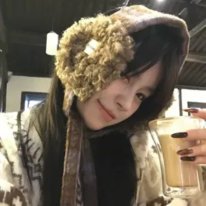 Korean retro plaid plush earmuff hat, fluffy warm winter ear cover with cute straps.