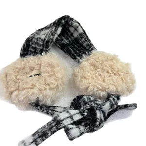 Fluffy fleece plaid earmuffs for women winter warm cute ribbon ear covers black white