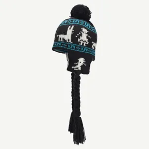 Black Fair Isle knit pom pom beanie hat with braided earflaps and cute llama patterns.