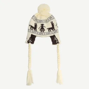 Fair Isle jacquard knitted earflap beanie hat with pom-pom and long braided tassels