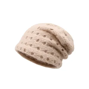 Knit slouchy beanie rabbit hair blend mesh detail autumn winter warm pullover hat cap fashion