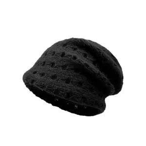 Black angora blend knitted slouchy beanie hat detail, warm double layer mesh skull cap style.
