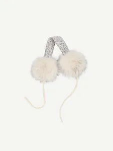 Cozy plush earmuffs with fluffy white faux fur and knit headband, perfect for winter warmth.