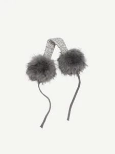 Grey plush earmuffs detail closeup, cute winter warm fluffy ear warmers with knit headband.
