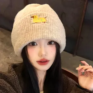 Cute Dog Embroidered Knitted Beanie Hat Women Autumn Winter Warm Acrylic Cold Hat Solid Color Slouchy Skull Cap