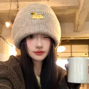Cute dog embroidery knit beanie hat for women autumn winter warm cozy slouchy skull cap