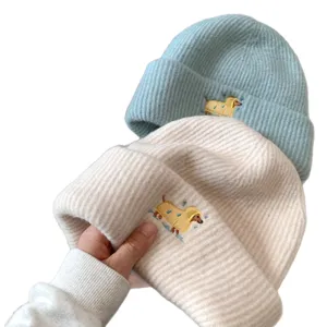 Cute puppy embroidered knitted beanie hat winter warm soft slouchy casual hat for women
