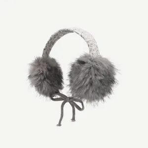 Cozy grey plush earmuffs for women winter warm fuzzy ear warmers with cute knitted headband.