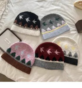 Koreanische Retro-Jacquard-Strickmütze für Damen, Herbst Winter dicke warme Pullover Mütze.