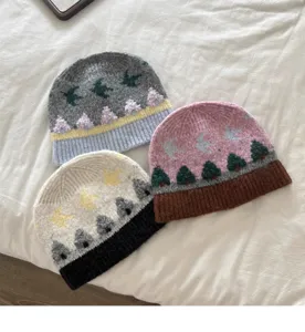 Vintage Jacquard Strickmütze Winter Warm Verdickte Wollmütze für Damen Alltag Streetwear