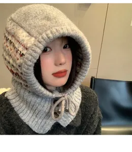 Cozy Fair Isle knit balaclava for women, winter warm hooded neck warmer and ear protection cap.