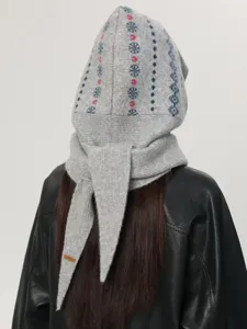 Pasamontañas de punto gris con diseño nórdico gorro bufanda retro invierno cálido orejeras