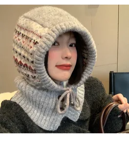 Grey Fair Isle knit balaclava for women, winter warm hoodie scarf all-in-one thermal cap.