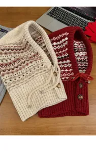 Fair Isle knitted balaclava winter warm thick beanie scarf integrated hat for women.