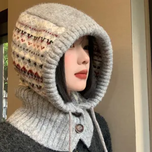 Fair Isle Balaclava Knit Hat And Scarf Integrated Winter Warm Windproof Thermal Ear Protection Beanie For Women