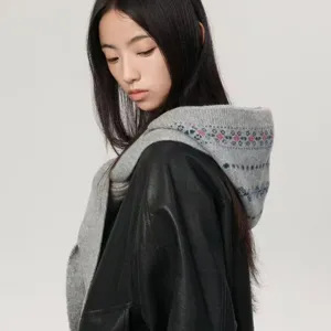 Bufanda con capucha de punto Fair Isle gris invierno cálido mezcla de lana elegante chic