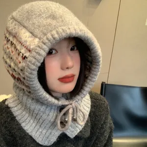 Women Fair Isle Balaclava Winter Thermal Knitted Hat Scarf Integrated Windproof Earflap