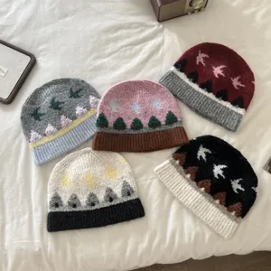 Damen Winter Warm Strickmütze Retro Jacquard Vogelmuster Lässige Wollmütze