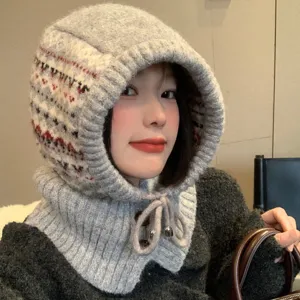 Cozy gray Fair Isle knit balaclava hood scarf for women, winter warm windproof thermal cap.
