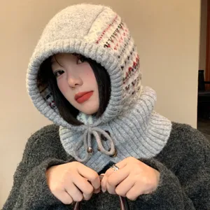 Grey Fair Isle knitted balaclava hat women winter warm fleece windproof ear protection