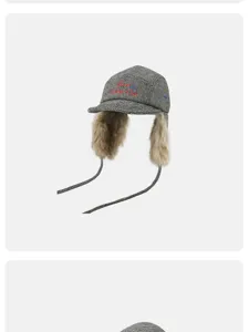 Retro herringbone tweed trapper hat with plush earflaps and long braided ties for winter warmth