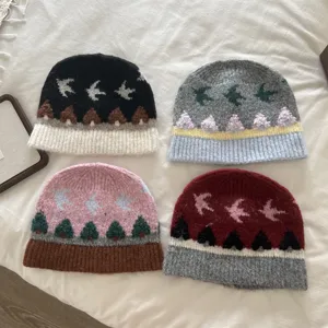 Retro Jacquard Strickmütze für Damen, Herbst Winter warme Wollmütze mit Vogelmuster.