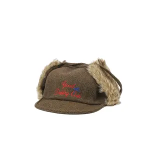 Vintage brown tweed trapper hat with faux fur earflaps and embroidery for winter warmth.