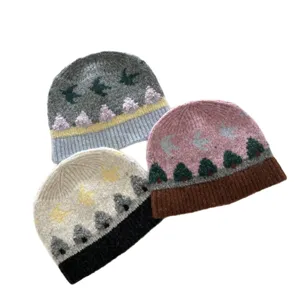 Damen Retro Jacquard Strickmütze Herbst Winter dick warme Wolle Mütze lässig stylisch