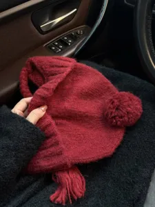 Red knitted pom pom earflap hat for women, cozy winter warm windproof ushanka cap.