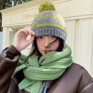 Style Coréen Femmes Hiver Chaud Pompon Protège-oreilles Bonnet en Tricot Motif Géométrique Bonnets Chauds