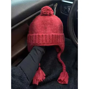 Winter Warm Knit Beanie Hat For Women Cute Pom Pom Ear Flap Trapper Hat Casual Thickened Windproof Thermal Ski Cap