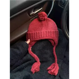Red knitted trapper hat with braids and pom-pom for women winter warm windproof beanie