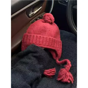 Women red knitted pom-pom earflap hat cute winter warm fleece trapper beanie cap cozy