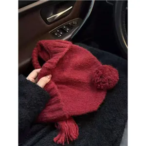 Red knitted pom-pom ear-flap hat for women, cute winter warm windproof thermal trapper hat.