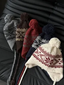Vintage jacquard knitted earflap beanie winter warm wool hat with pom pom for women